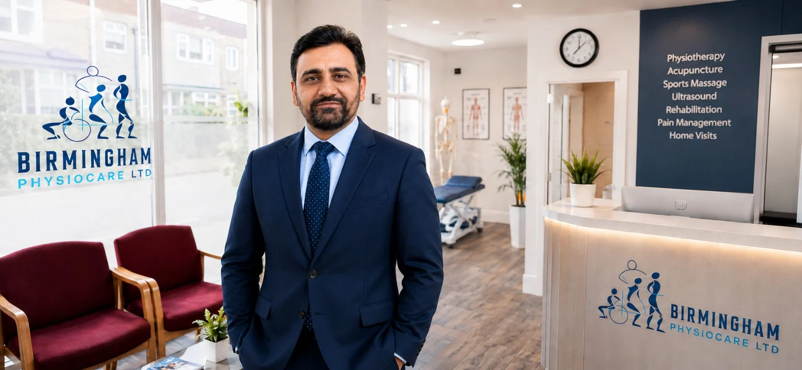 Muhammad Ali Raja, a physiotherapist, stands in Birmingham Physiocare clinic, ready to assist patients with rehabilitation