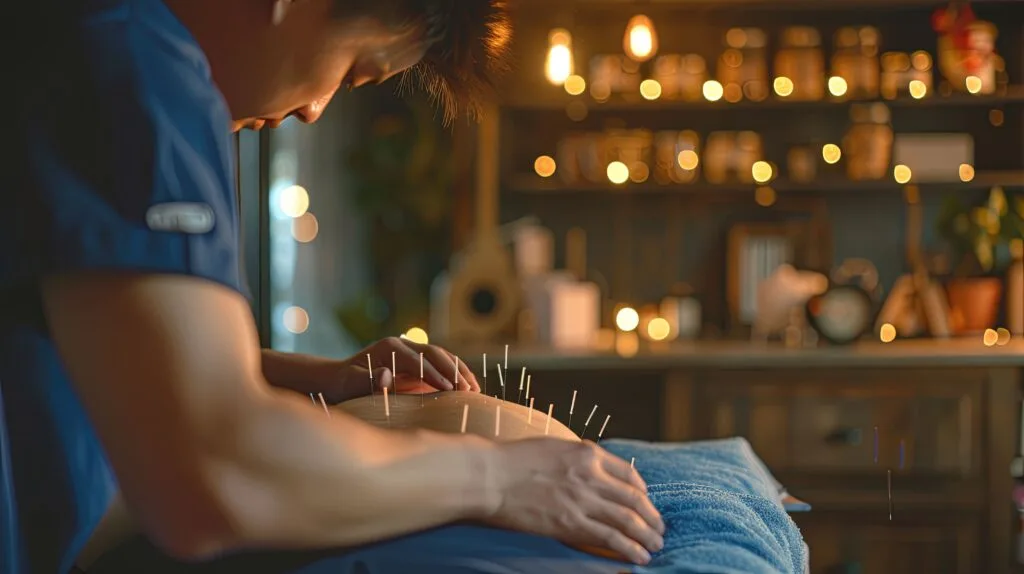 A man receiving acupuncture treatment in a serene room, with needles placed on his back for therapy best physiotherapy specialist in Birmingham
