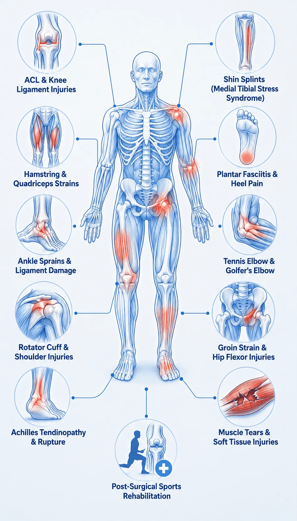 Diagram illustrating the human body's anatomy, highlighting muscles and bones relevant to sports injuries post-surgery physiotherapy Birmingham