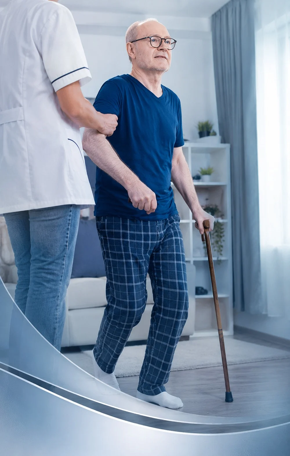 A nurse assists an elderly man as they walk together in a well-lit room, promoting mobility and care home visit physiotherapist Birmingham