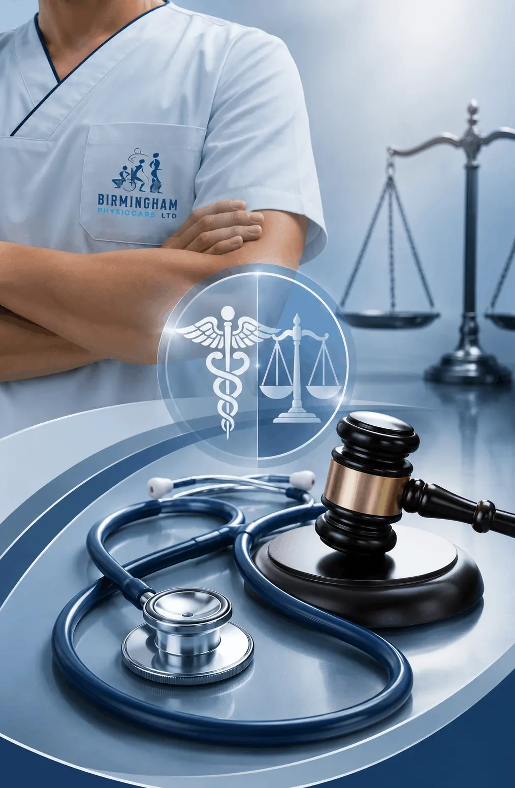 Banner depicting the intersection of medical practice and legal regulations in healthcare birmingham physiocare at selly oak, edgbaston, harborne