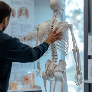 A man examines a skeleton in a dimly lit room, showcasing a blend of curiosity and intrigue private joint injection clinic West Midlands