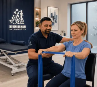 A physiotherapist assists a patient with a rope stretching exercise in a home environment