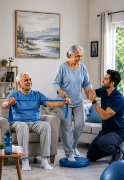 A therapist visiting a patient at home to conduct personalized physical rehabilitation exercises home visit physiotherapist Birmingham