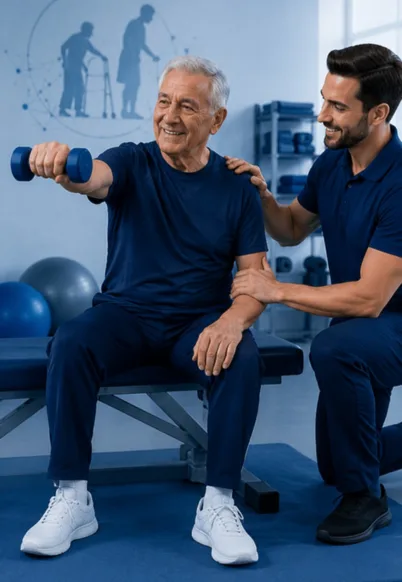 A therapist assisting an elderly patient with physical exercises for balance and mobility point of care MSK ultrasound Birmingham