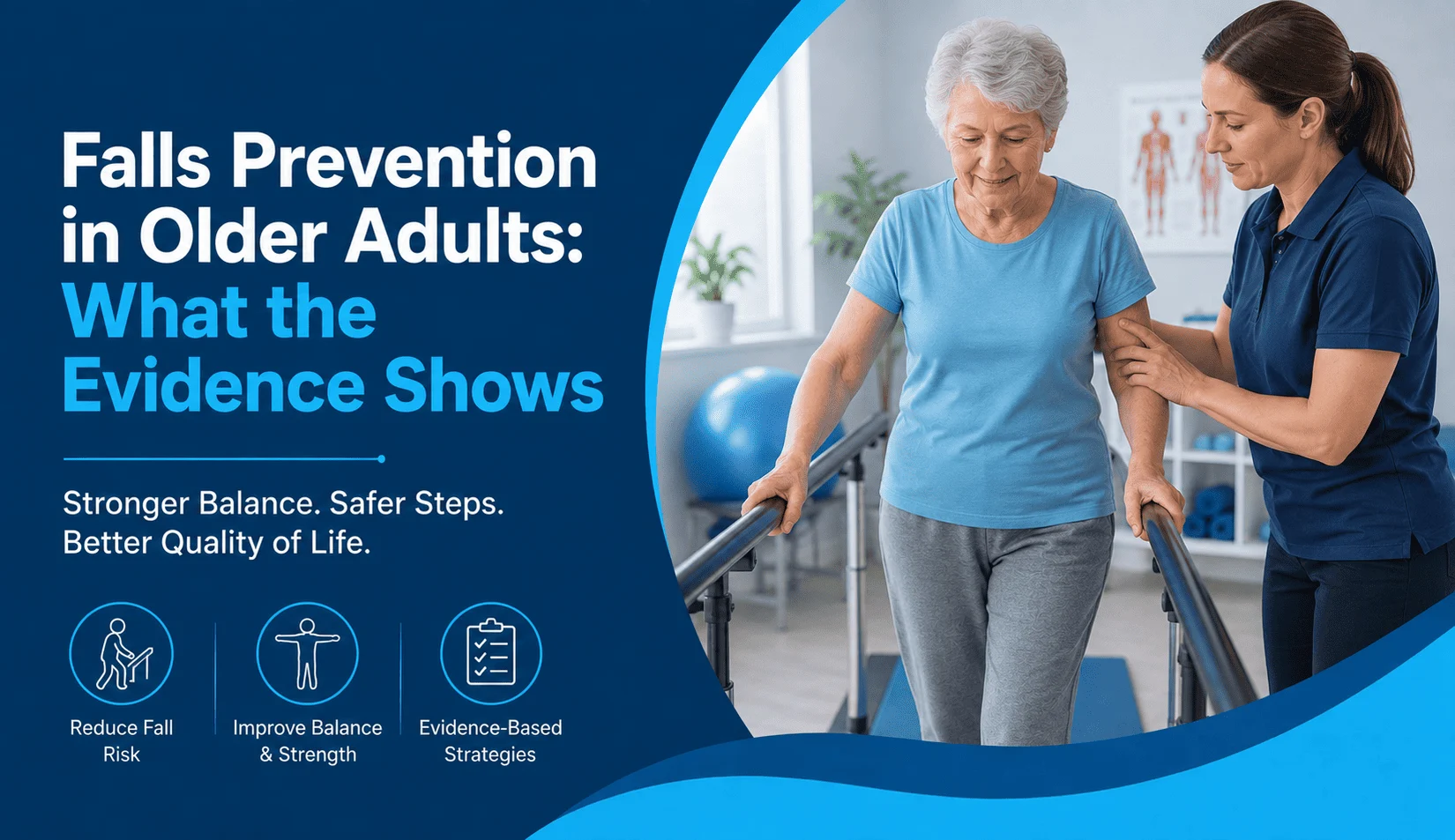 Physiotherapist assisting an older woman with balance and walking exercises during falls prevention rehabilitation.