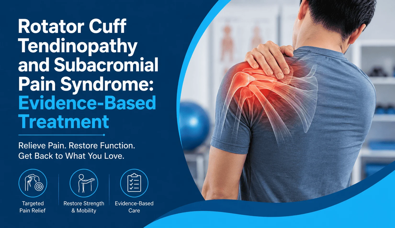 Physiotherapist examining a patient’s shoulder with a highlighted rotator cuff, illustrating evidence-based treatment for shoulder pain.